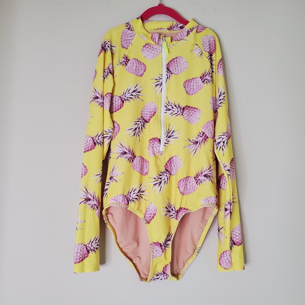 Crewcuts Girl One Piece Swimsuit yellow pineapple Sz 14 Lined UPF 50+ Half Zip